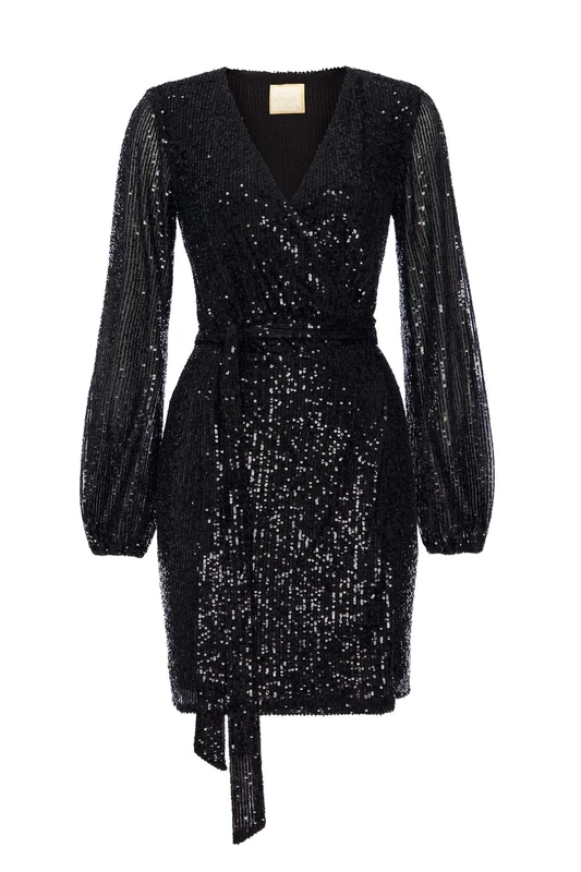 Swing Fashion Women's INES | Schwarz Mini Elegant Festive Party Evening Wedding Shiny Short Glitter Dress | Sexy | Long Sleeve | Black | 38 (M), M
