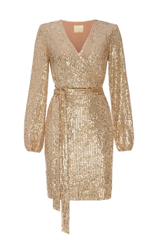 Swing Fashion Women's INES | Gold Mini Elegant Festive Party Evening Wedding Shiny Short Glitter Dress | Sexy | Long Sleeve 36 (S), S