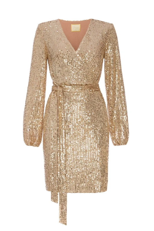 Swing Fashion Women's INES | Gold Mini Elegant Festive Party Evening Wedding Shiny Short Glitter Dress | Sexy | Long Sleeve 42 (XL)
