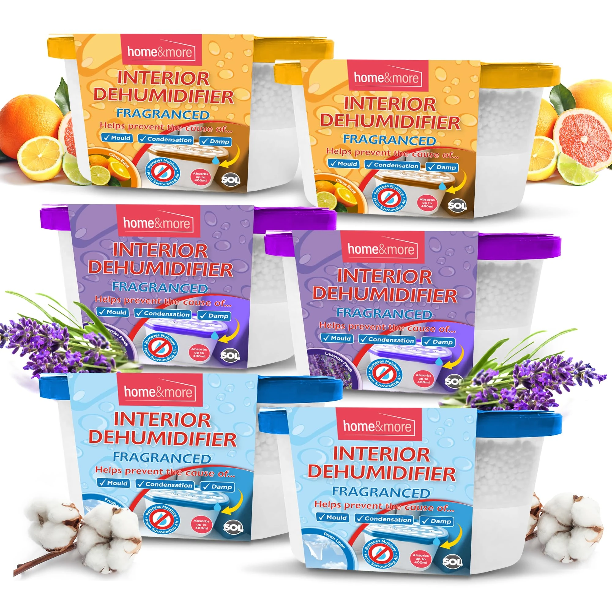 SOL 6pk Interior Dehumidifier Fragranced, 400ml Damp Traps Moisture Absorbers Multipack for Wardrobe in Lavender, Citrus, or Fresh Linen Scents, Prevents & Condensation, Ideal for Home & Small Spaces
