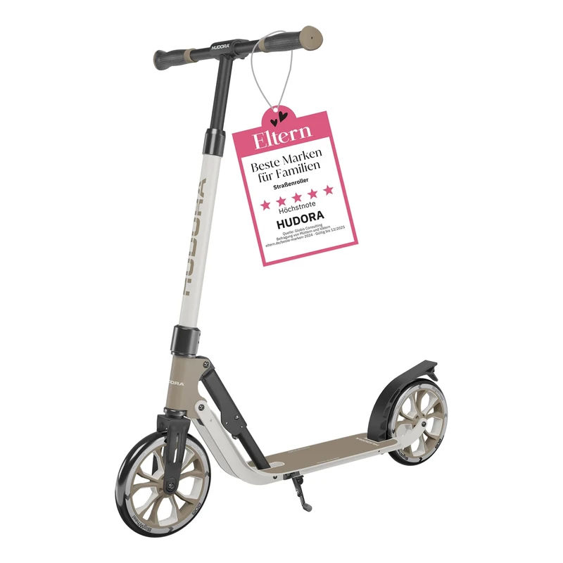 HUDORA BigWheel® 205 Advanced Scooter - ivory - Comfortable aluminium scooter for up to 100kg - Height-adjustable & foldable city scooter - Kick scooter for children/teenagers & adults