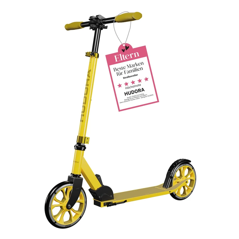 HUDORA Scooter Up 200 - canary - Quiet aluminium scooter for up to 100kg - Adjustable in height & foldable city scooter - Jolt-free kick scooter for children/teenagers & adults