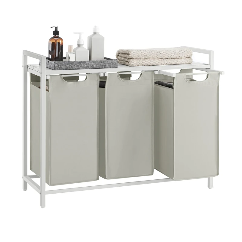 VASAGLE Laundry Basket, 3-Compartment Laundry Hamper, Pull-Out and Removable Liner Bags, Clothes Sorter, Metal Frame, 3 x 40 L, 92.5 x 33 x 72 cm, Cream White and Matte White BLH301W01