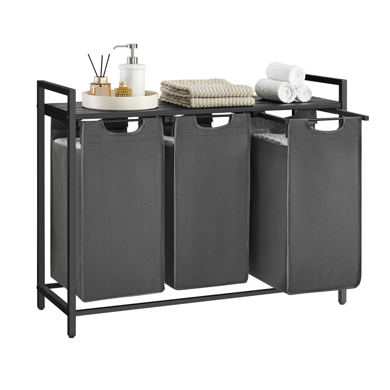 VASAGLE Laundry Basket, 3-Compartment Laundry Hamper, Pull-Out and Removable Liner Bags, Clothes Sorter, Shelf, Metal Frame, 3 x 40 L, 92.5 x 33 x 72 cm, Slate Grey and Charcoal Grey BLH301G01