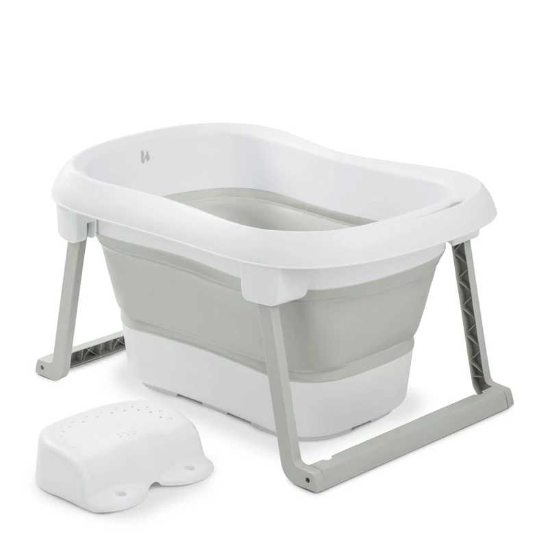 Hauck Wash N Fold L Baby Bath with Stool, Foldable for Newborns up to 18 kg, Drain Plug with Colour Changing at High Temperature, Soft Materials, Easy Assembly, 80 x 56 x 44 cm (White Sage)