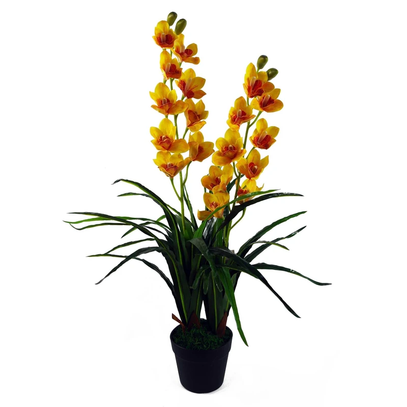 Leaf 90cm Artificial Yellow Cymbidium Orchid in Black Pot