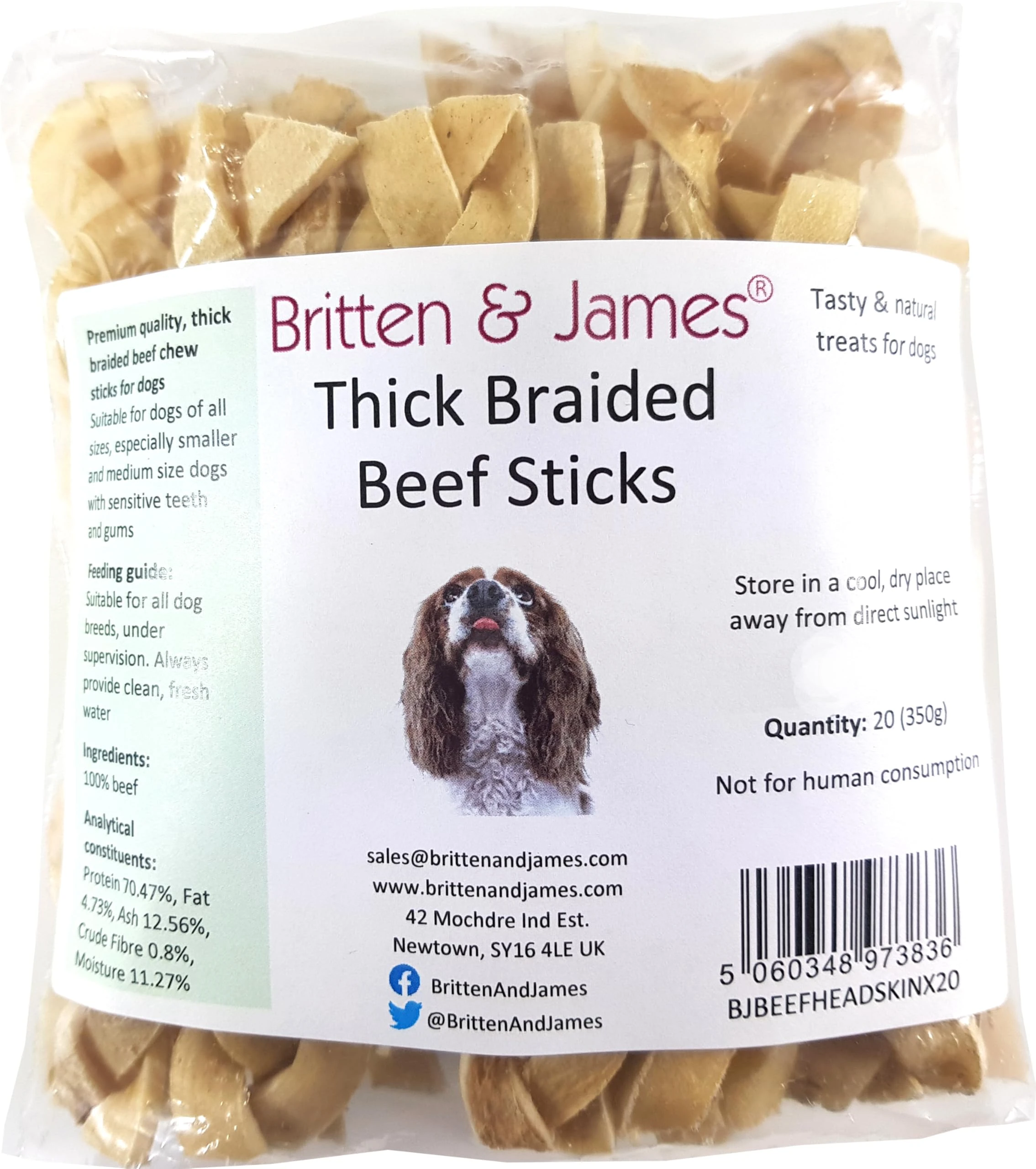 Britten and James 20 Thick Braided Beef Skin Sticks for Dogs (350g). Natural Long-Lasting Dog Chew Treats - Hypoallergenic, Gluten and Grain Free