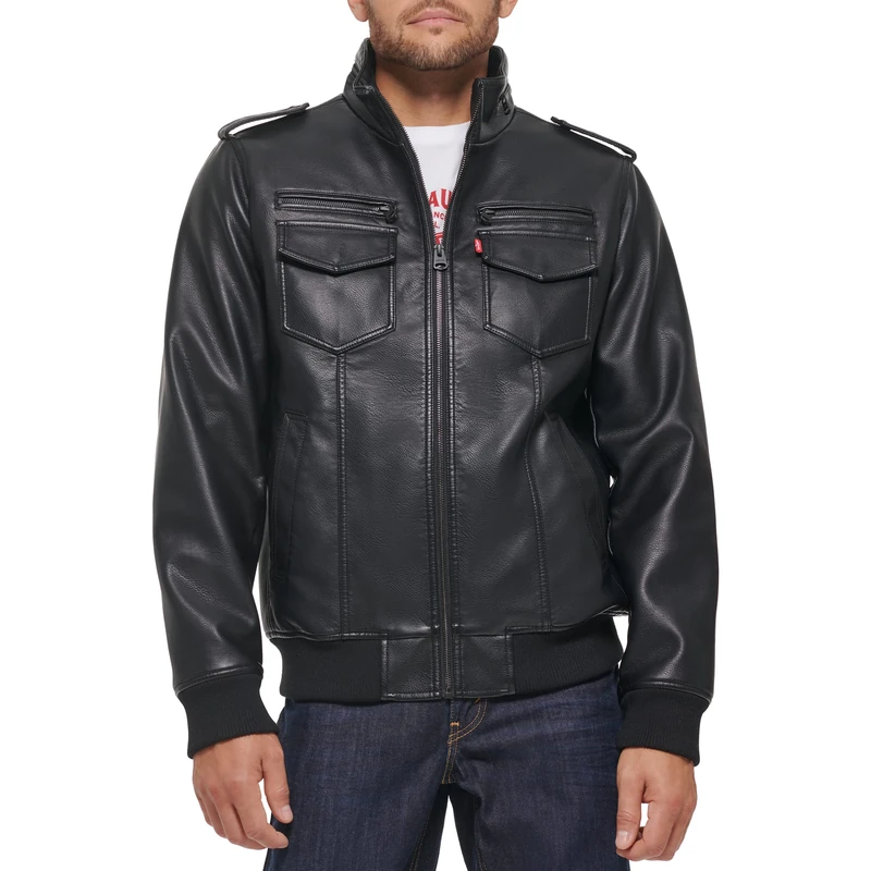 Levi's Men's Faux Leather Aviator Bomber Jacket (Regular & Big & Tall Sizes), Dark Black, XL