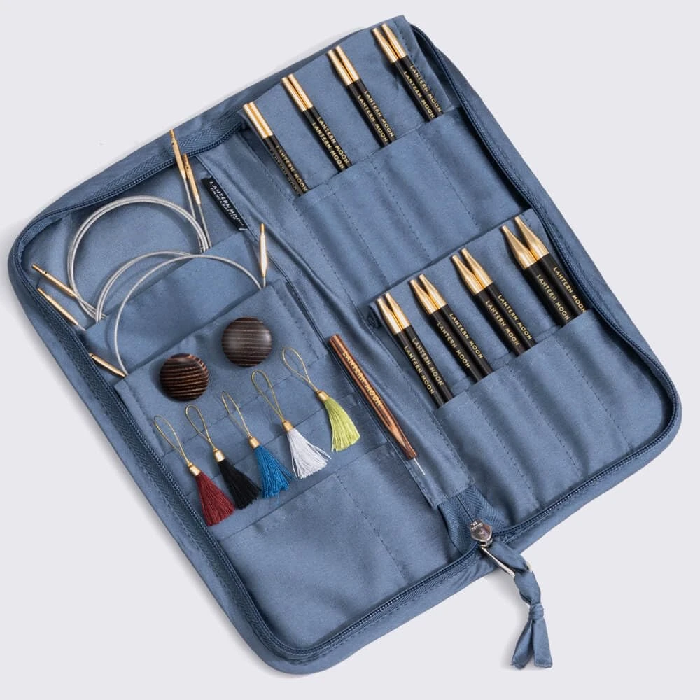 Lantern Moon Interchangeable Knitting Needles – 8 Pairs of 13cm 5” Tips – 3 Swivel Cords 60,80,100cm – End Caps, Stitch Markers - Khadi Silk Zippered Case - Sizes 3,3.5,4,4.5,5,5.5,6,8mm