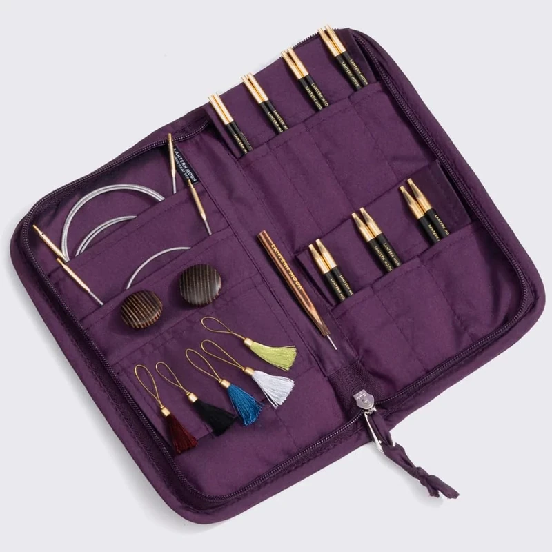 Lantern Moon Interchangeable Knitting Needles – 7 Pairs of 10cm 4” Tips – 2 Swivel Cords 40,50cm – End Caps, Stitch Markers - Khadi Silk Zippered Case - Sizes 3,3.5,4,4.5,5,5.5,6mm