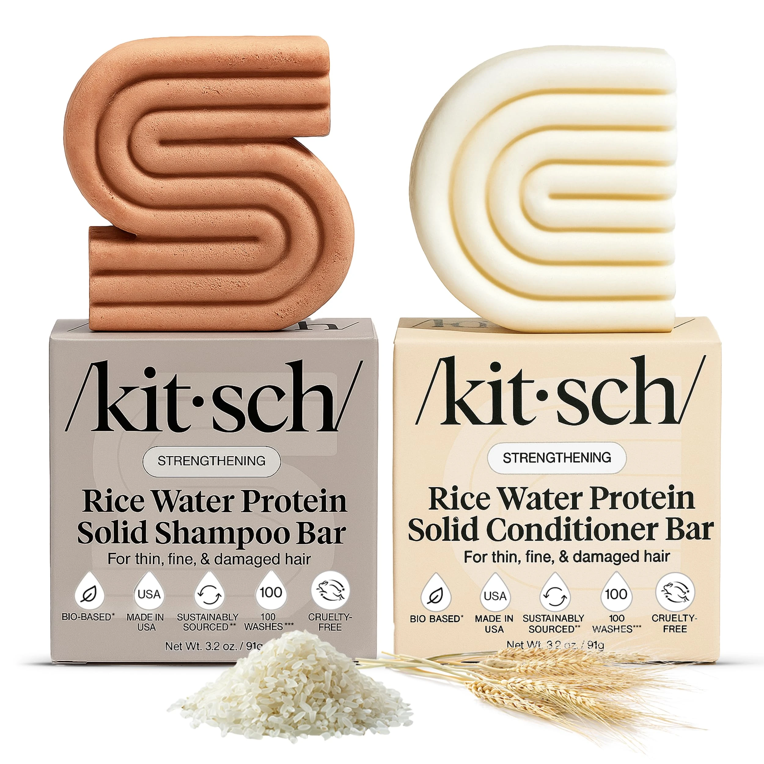 Kitsch Rice Water Shampoo & Conditioner Set - Solid Shampoo Bar & Conditioner Bar with Protein for Strengthening & Damage Repair - Paraben, Sulfate and Silicone Free - Nourishing Hair Care Set, 2pcs