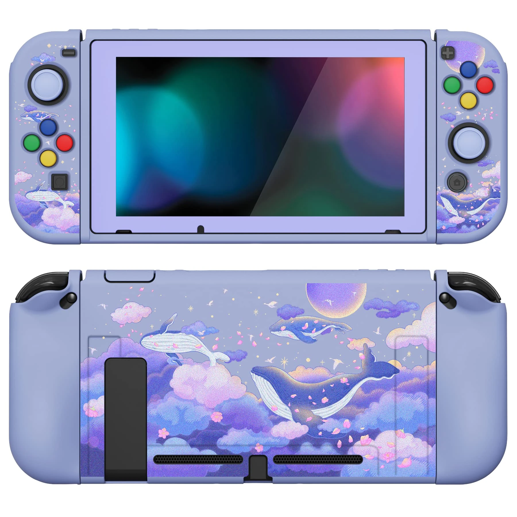 playvital ZealProtect Soft Protective Case for Nintendo Switch, Flexible Cover Protector for Switch with Tempered Glass Screen Protector & Thumb Grips & ABXY Direction Button Caps - Whale in Dream