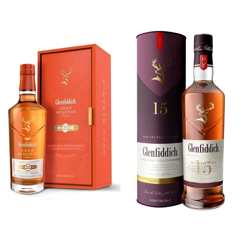 Glenfiddich 21 Year Old Single Malt Scotch Whisky with Gift Box – 70cl & 15 Year Old Single Malt Scotch Whisky – 70cl