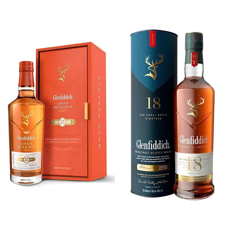 Glenfiddich 21 Year Old Single Malt Scotch Whisky with Gift Box – 70cl & 18 Year Old Single Malt Scotch Whisky with Gift Box – 70cl