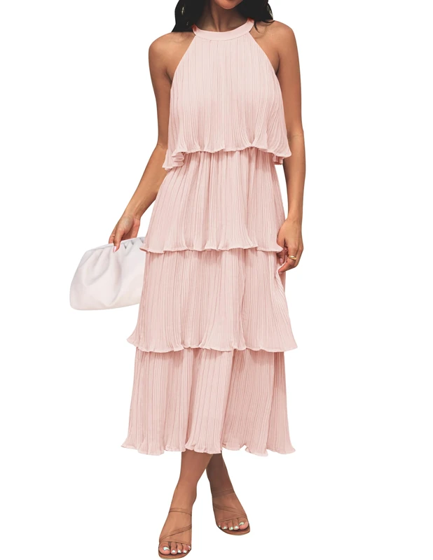 ZESICA Women's 2025 Summer Sleeveless Halter Neck Ruffle Tiered Layed Chiffon Flowy Swing Long Midi Dress, Pink, XL