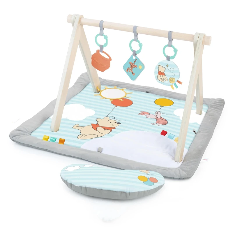 Disney WINNIE THE POOH Once Upon a Tummy Time Baby Activity Mat with Wooden Toy Bar, Blue, Newborn+ by Bright Starts