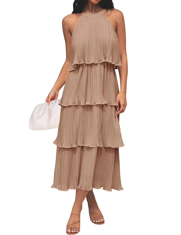 ZESICA Women's 2024 Summer Sleeveless Halter Neck Ruffle Tiered Layed Chiffon Flowy Swing Long Midi Dress, Khaki, XL
