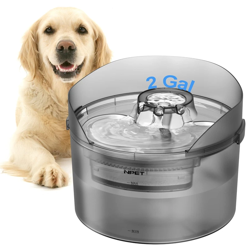 NPET DF30 Dog Water Fountain, 2 Gallon/270oz/8L Large Automatic Dog Water Bowl Dispenser, Pet Water Fountain with Splatter Guard, Cleaning Kit for Large Dogs & Multiple Pets - Image 1