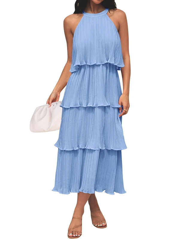 ZESICA Women's 2024 Summer Sleeveless Halter Neck Ruffle Tiered Layed Chiffon Flowy Swing Long Midi Dress, Lightblue, L