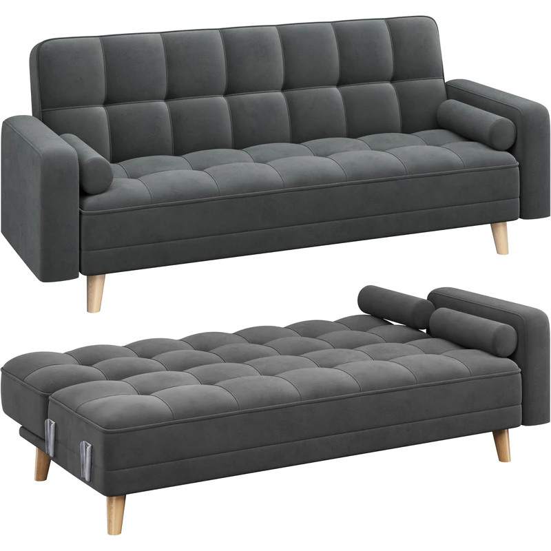 Yaheetech Modern Velvet Sofa Bed 3 Seater Click Clack Sofa Settee Recliner Couch with Wooden Legs for Living Room/Guest Room/Office, Modern Gray
