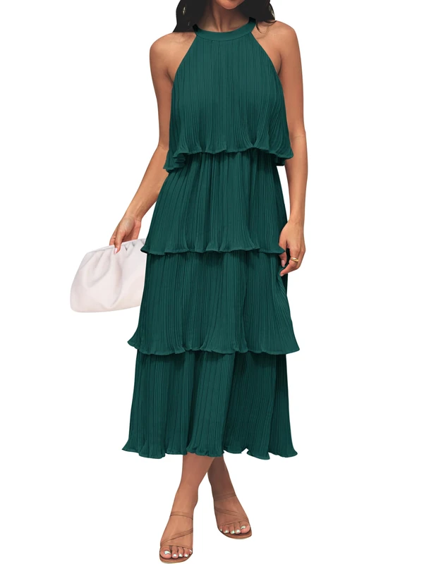 ZESICA Women's 2024 Summer Sleeveless Halter Neck Ruffle Tiered Layed Chiffon Flowy Swing Long Midi Dress, DarkGreen, L