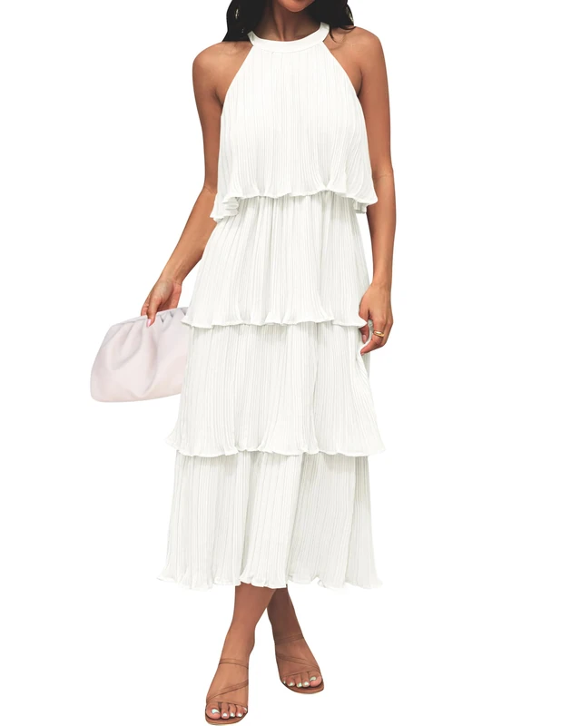 ZESICA Women's 2024 Summer Sleeveless Halter Neck Ruffle Tiered Layed Chiffon Flowy Swing Long Midi Dress, White, L