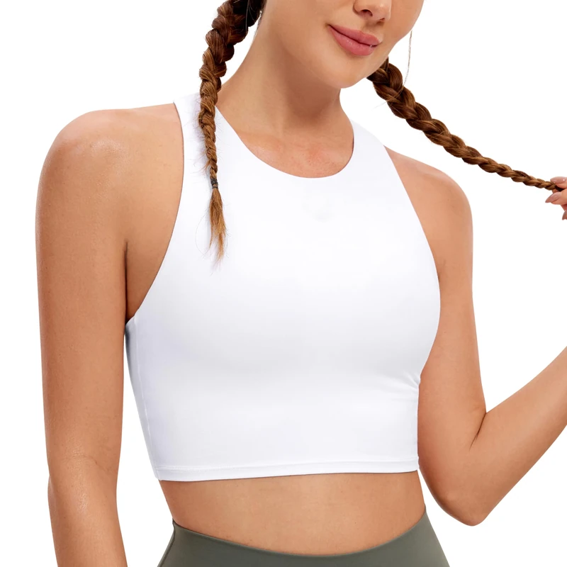 CRZ YOGA Women's Butterluxe Racer Back Padded Sports Bra - High Neck Longline Crop Top Gym Workout Tank Tops with Built in Bra White 10