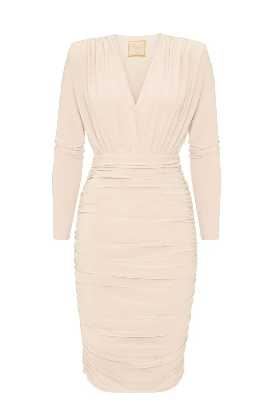 Swing Fashion Women's Jackson | Creme Elegant | Pencil Business Sheath Festive Party Cocktail Short Mini Tight Dress | Long Sleeve | Cream | XS/S