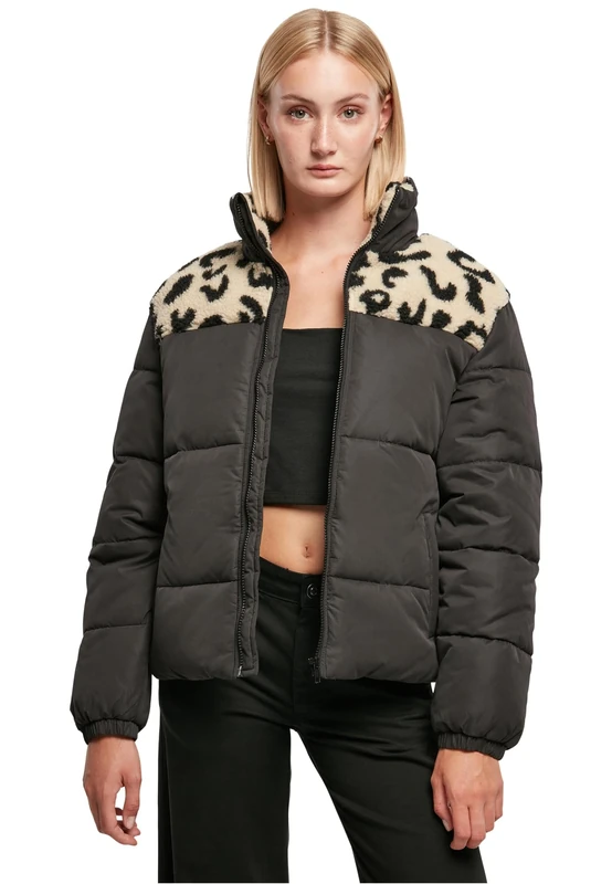 Urban Classics Women's Ladies AOP Sherpa Mixed Puffer Jacket, Black/Sandleo, XL