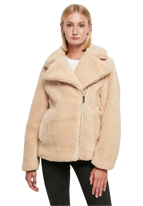 Urban Classics Women's Ladies Sherpa Biker Jacket, Unionbeige, 4XL