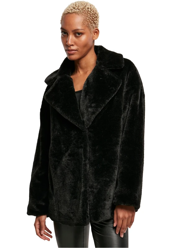 Urban Classics Women's Ladies Lapel Teddy Jacket, Black, S