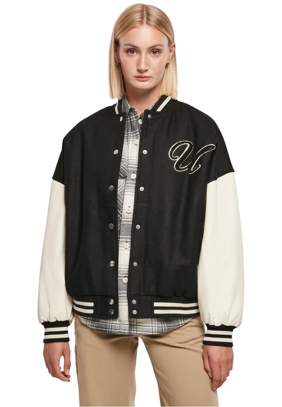 Urban Classics Women's Ladies Oversized Big U College Jacket, Black/Palewhite, XXL