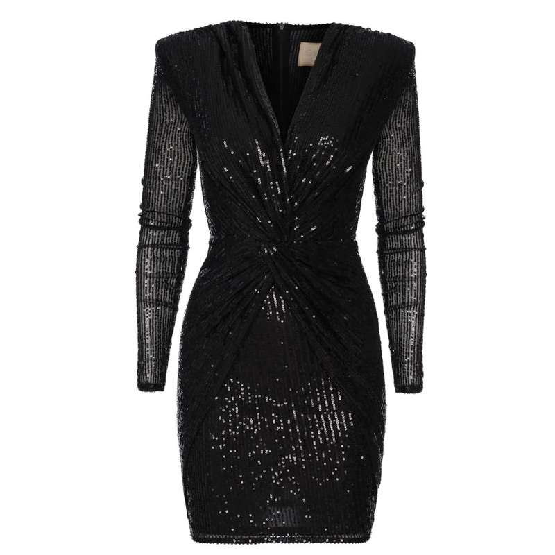 Swing Fashion Women's Dolores | Schwarz (XS) Mini Elegant Festive Party Evening Wedding Short Dress with Sequins | V-Neck | Long Sleeve | Black | 34