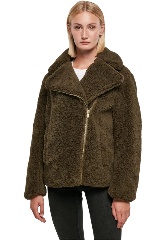 Urban Classics Women's Ladies Sherpa Biker Jacket, Olive, M