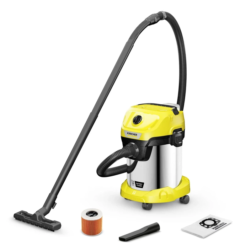 Kärcher WD 3-18 Cordless Wet/Dry Vacuum Cleaner with Filter, Joint and Wet/Dry Suction Nozzle, 225 Watt, Plastic Container: 17 L, Suction Hose: 2 m, without Battery, No Charger, Yellow