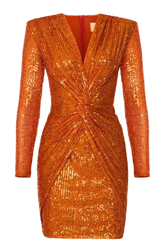 Swing Fashion Women's Dolores | Orange Mini Elegant Festive Party Evening Wedding Short Dress with Sequins | V-Neck | Long Sleeve 40 (L), L