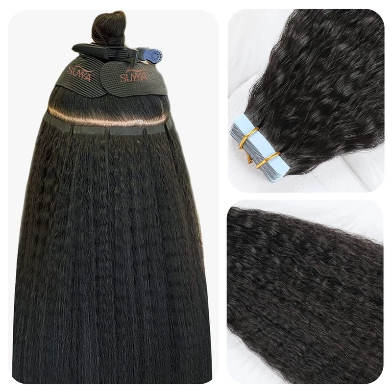 SUYYA Kinky Straight Tape in Extensions Natural Black Tape in Hair Extensions Human Hair Kinky Straight 18 Inch Skin Weft 50g/Pack 20PCS Tape INS for Women(#1B Natural Black) - Image 1