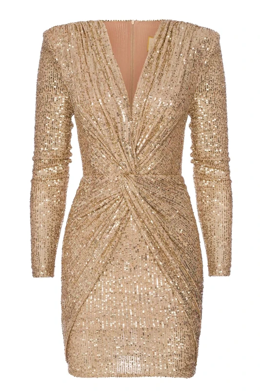Swing Fashion Women's Dolores | Gold (XS) Mini Elegant Festive Party Evening Wedding Short Dress with Sequins | V-Neck | Long Sleeve 34