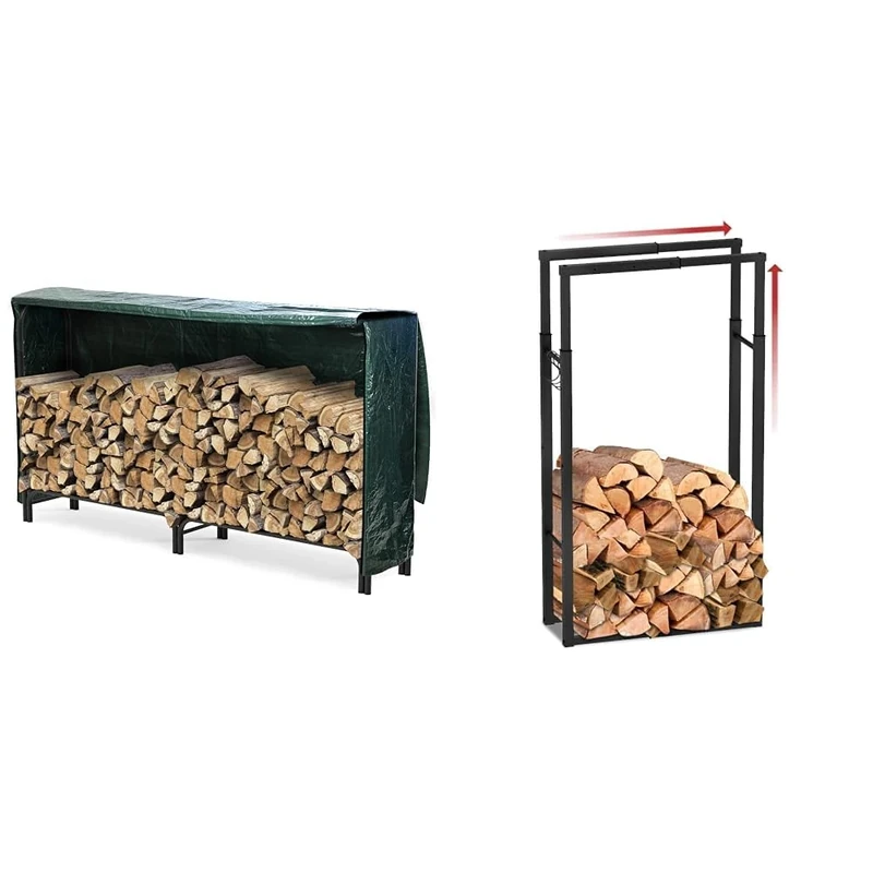 VOUNOT Firewood Log Rack with Waterproof Cover, Metal Log Store Outdoor, 200 x 116 x 36 cm, Black & Firewood Log Rack, Retractable Metal Log Store Holder for Outdoor or Indoor