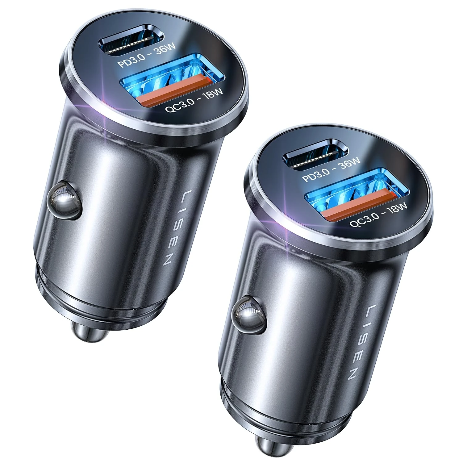 LISEN 2Pack Car Phone Charger USB C Car Charger 54W+54W [USBC 36W+USBA 18W] PD3.0 12V USB Socket Fast Charge [Metal] Cigarette Lighter USB Car Charger Adapter for iPhone 17 Pro Max Air 16 Samsung iPad