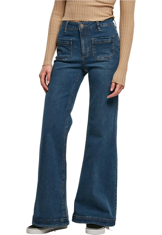 Urban Classics Women's Ladies Vintage Flared Denim Pants Pants, Deepblue Washed,