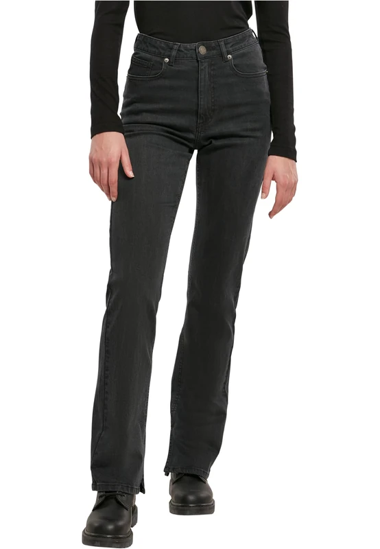 Urban Classics Women's Ladies Highwaist Straight Slit Denim Pants, Black Washed, 28