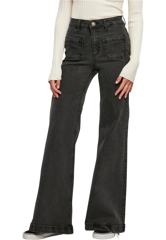 Urban Classics Women's Ladies Vintage Flared Denim Pants Pants, Black Washed,
