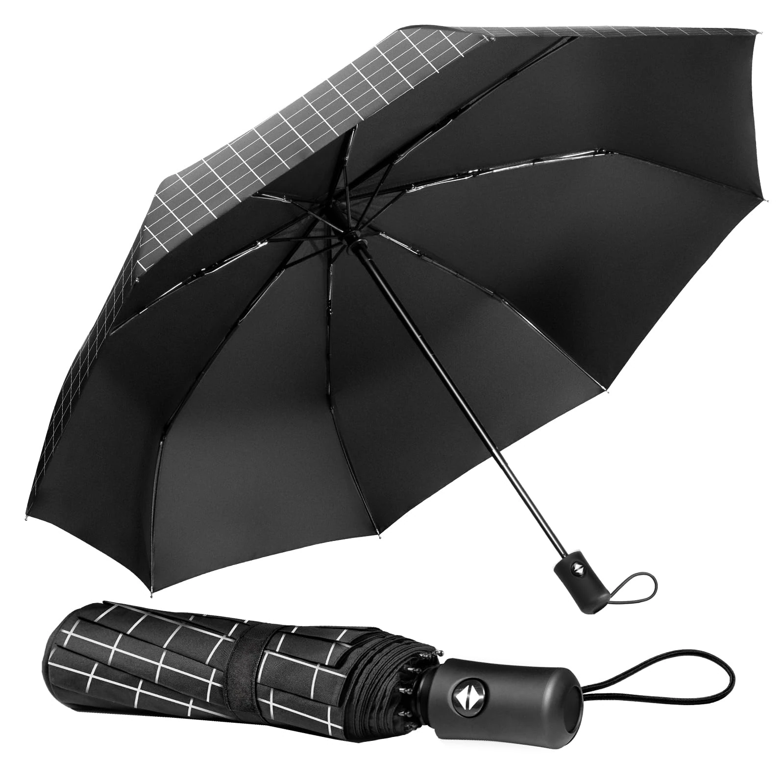 TechRise Umbrella, Compact Strong Windproof Automatic Umbrellas, Folding Lightweight, Portable Travel Golf Umbrella for Rain, One Button Auto Open and Close, Black Plaid