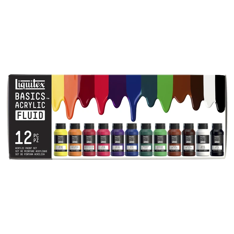 Liquitex 3699431 Basics Fluid Acrylic Paint Set with Flowing Consistency, Quick Drying, Lightfast, Waterproof, Water-based, 12 Colour Set of 118 ml Bottles