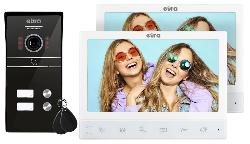 EURA VDP-80C5 Dual Family 4 Wire Video Intercom 2 x 7 Inch Color Monitor 2 Inputs Encryption FHD RFID 1080p White