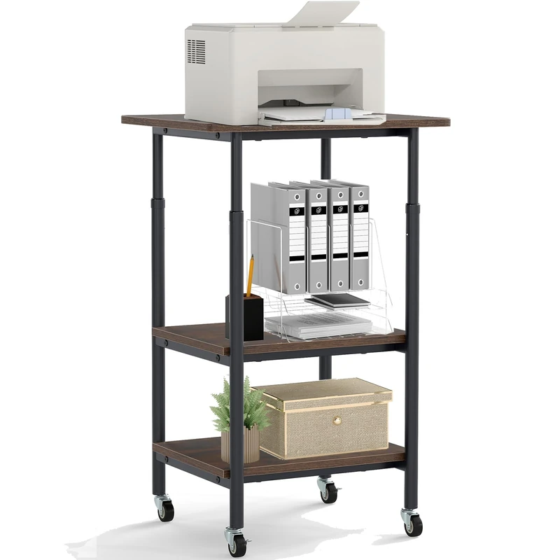 SFAREST 3-Tier Mobile Printer Stand, Height Adjustable Rolling Utility Cart with Lockable Wheels and Storage Shelf, Wooden Storage Organizer Unit for Home Office(Rustic Brown)