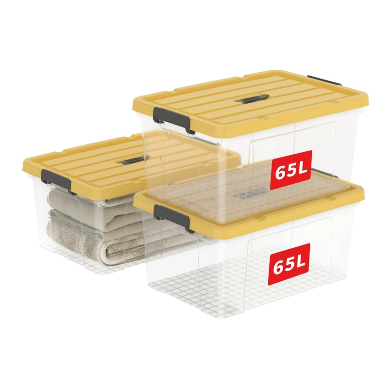 Cetomo 65L*3 Storage Boxes, Carry Plastic Storage Box with Lids, Organizing Container with Handle and Latching Buckles, Stackable, Nestable, Tote Bin for Home Office Clothes, 65L-3Pack, Clear & Yellow