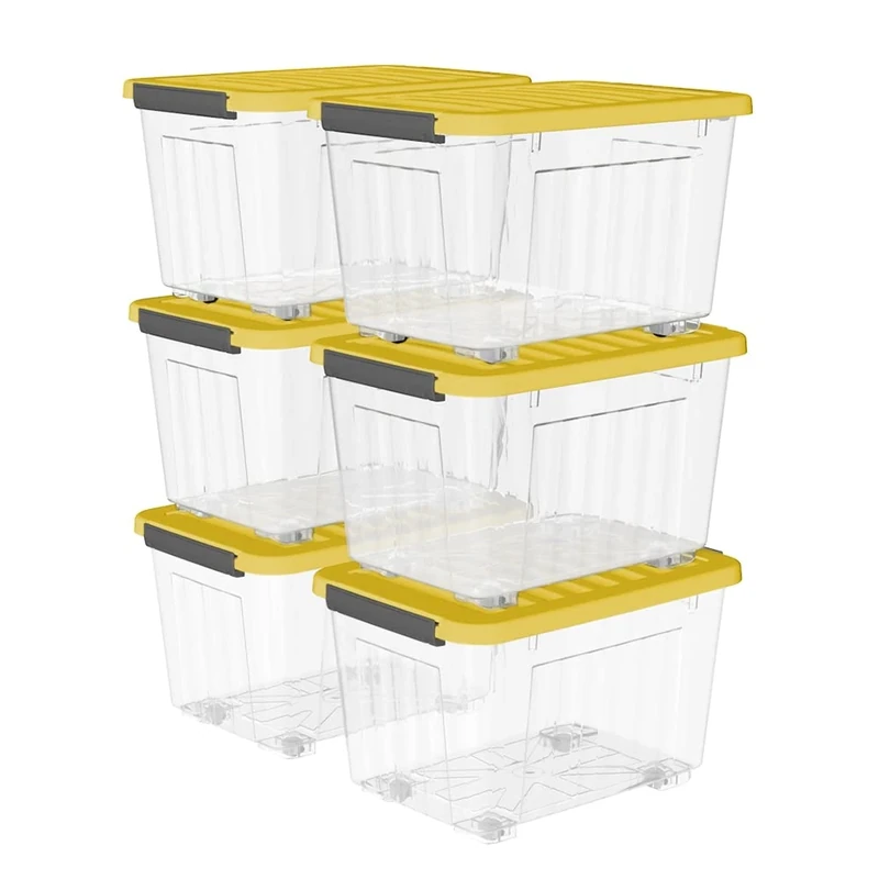 Cetomo 35L*6 Plastic Storage Boxes with Wheels, Lidded Storage Box with Secure Side Latches, PP Nestable and Stackable Clear Organizer for Home, Office, Moving, Transparent & Yellow, 35L-6 Pack