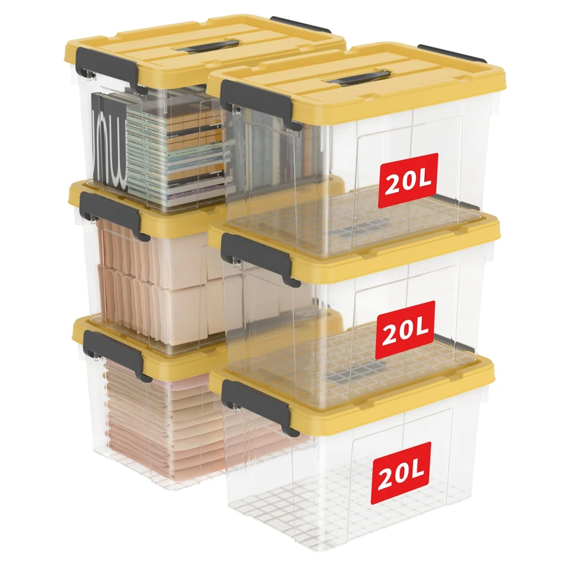 Cetomo 20L*6 Storage Boxes, Carry Plastic Storage Box with Lids, Organizing Container with Handle and Latching Buckles, Stackable, Nestable, Tote Bin for Home Office Clothes, 20L-6Pack, Clear & Yellow